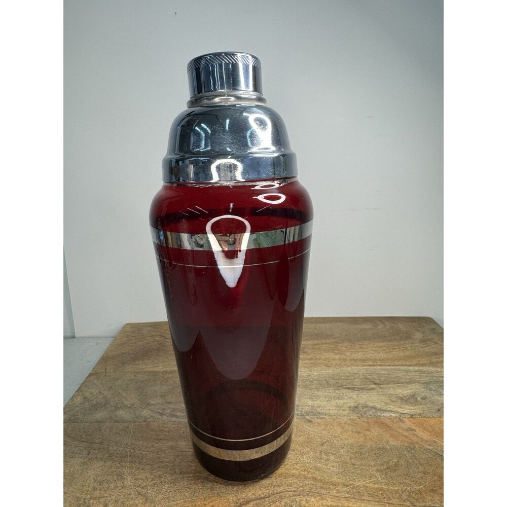 Vintage Art Deco Style Glass & Chrome Ruby Red Cocktail Shaker/Drink Mixer 1930s